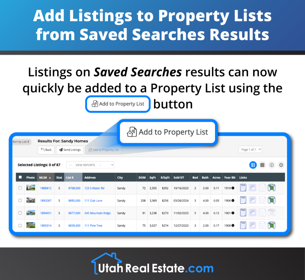 Add Listings to Property Lists from Saved Searches Results 