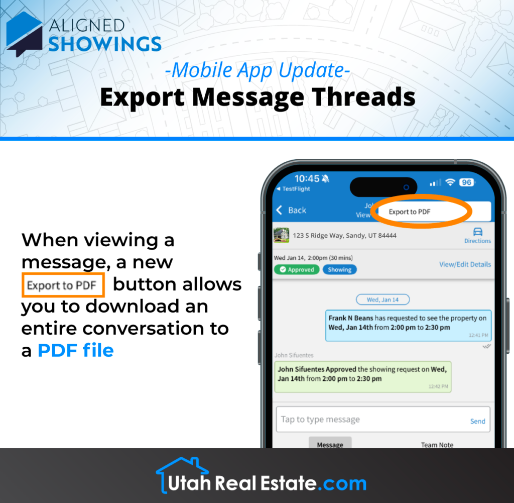 Aligned Showings - Mobile App Update - Export Message Threads