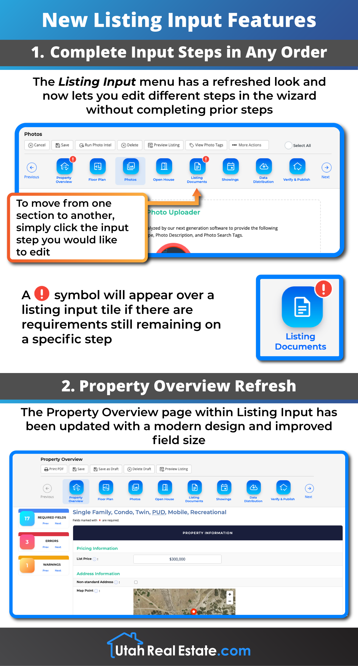 New Listing Input Features - Complete Input Steps in Any Order & Property Overview Refresh